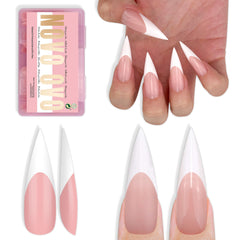 NOVO OVO white French tip long XL sharp stiletto nails in baby pink for quick at-home manicures.