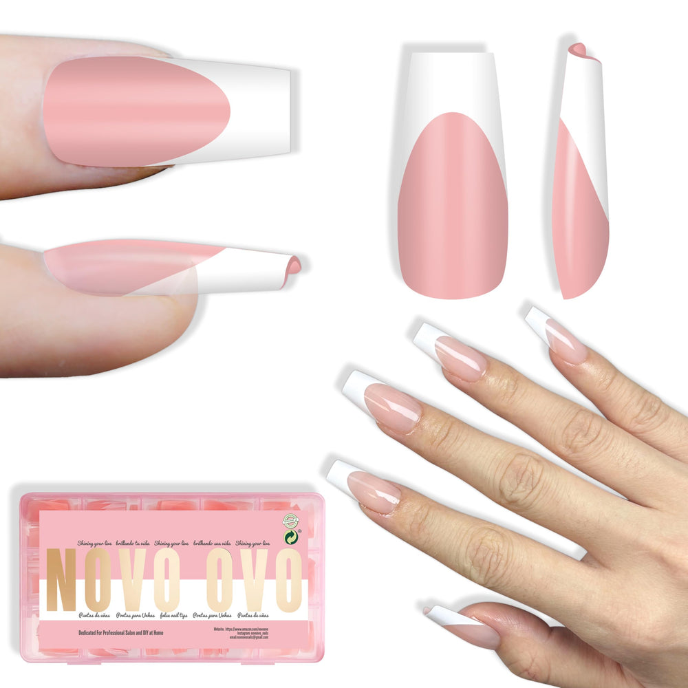 NOVO OVO white French tip coffin nails in pink pack for quick salon-ready manicure