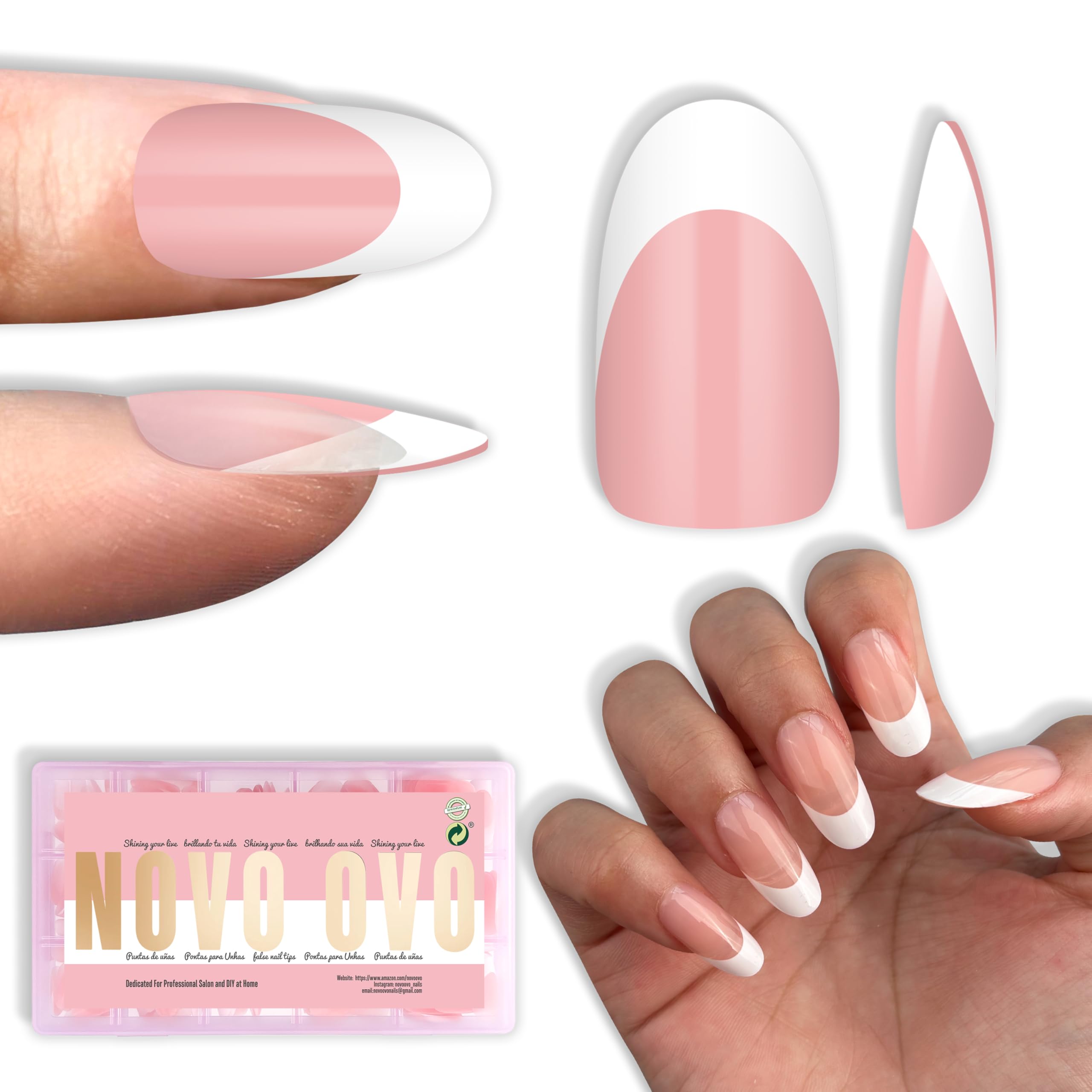 Novo OVO white French tip oval nails package for quick at-home manicure.