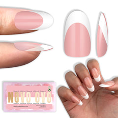 Novo OVO white French tip oval nails package for quick at-home manicure.