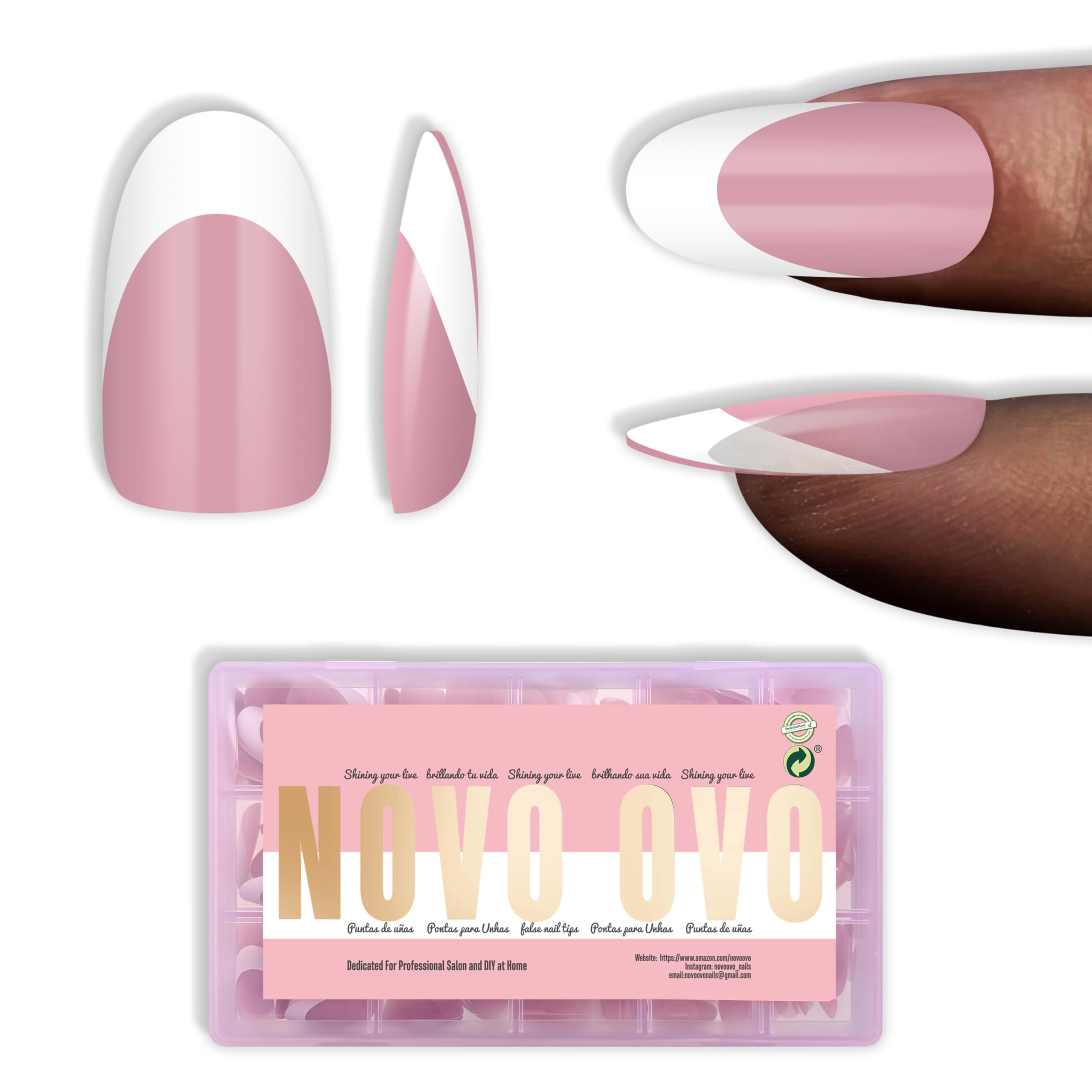 NOVO OVO white French tip oval nails Berry Pink 240pcs pack for easy salon-quality manicure