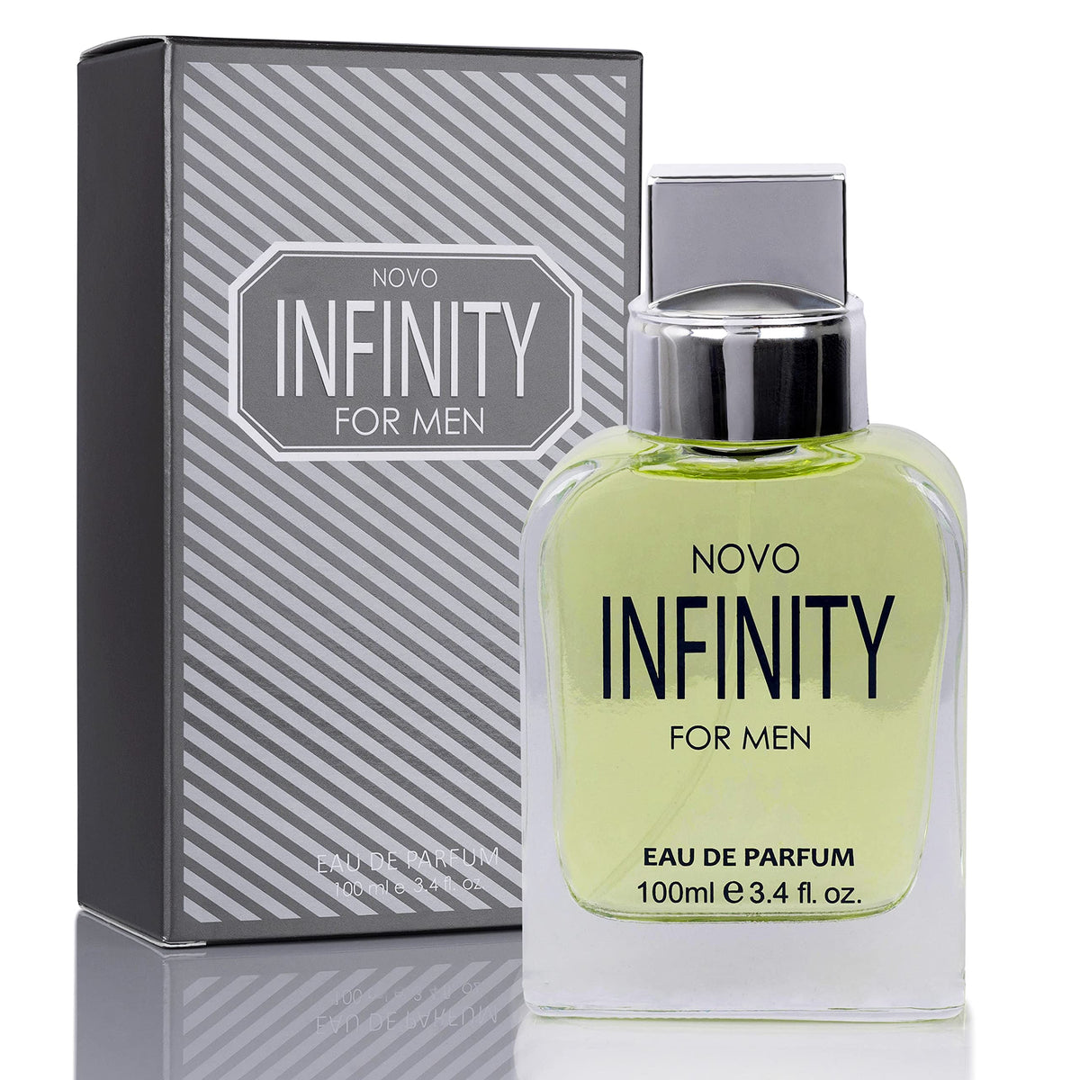 NovoGlow Infinity for Men bottle front, sleek design for daily confidence.