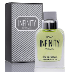 NovoGlow Infinity for Men bottle front, sleek design for daily confidence.