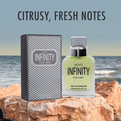 NovoGlow Infinity notes card, highlights citrus and woody notes.