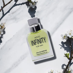 NovoGlow Infinity wood finish background, premium scent ambiance.