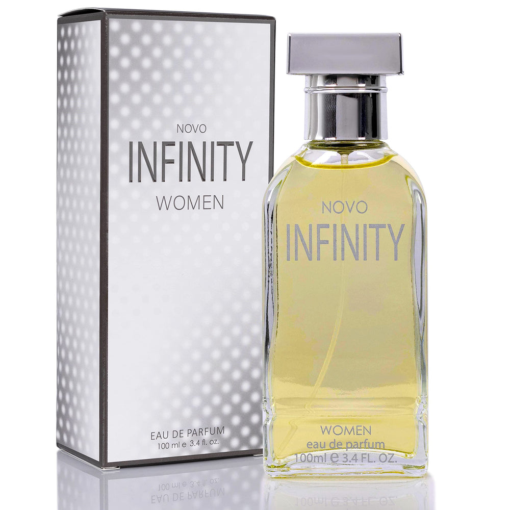 NovoGlow Infinity for Women bottle on a stylish vanity, hinting at all-day freshness