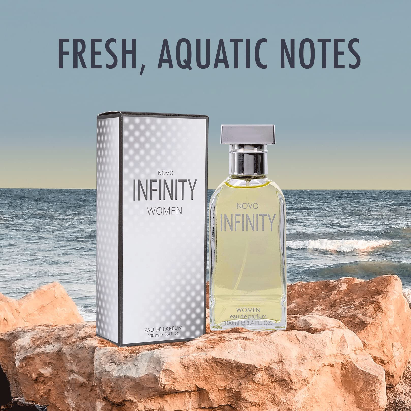 Label close-up on NovoGlow Infinity bottle showcases its elegant design