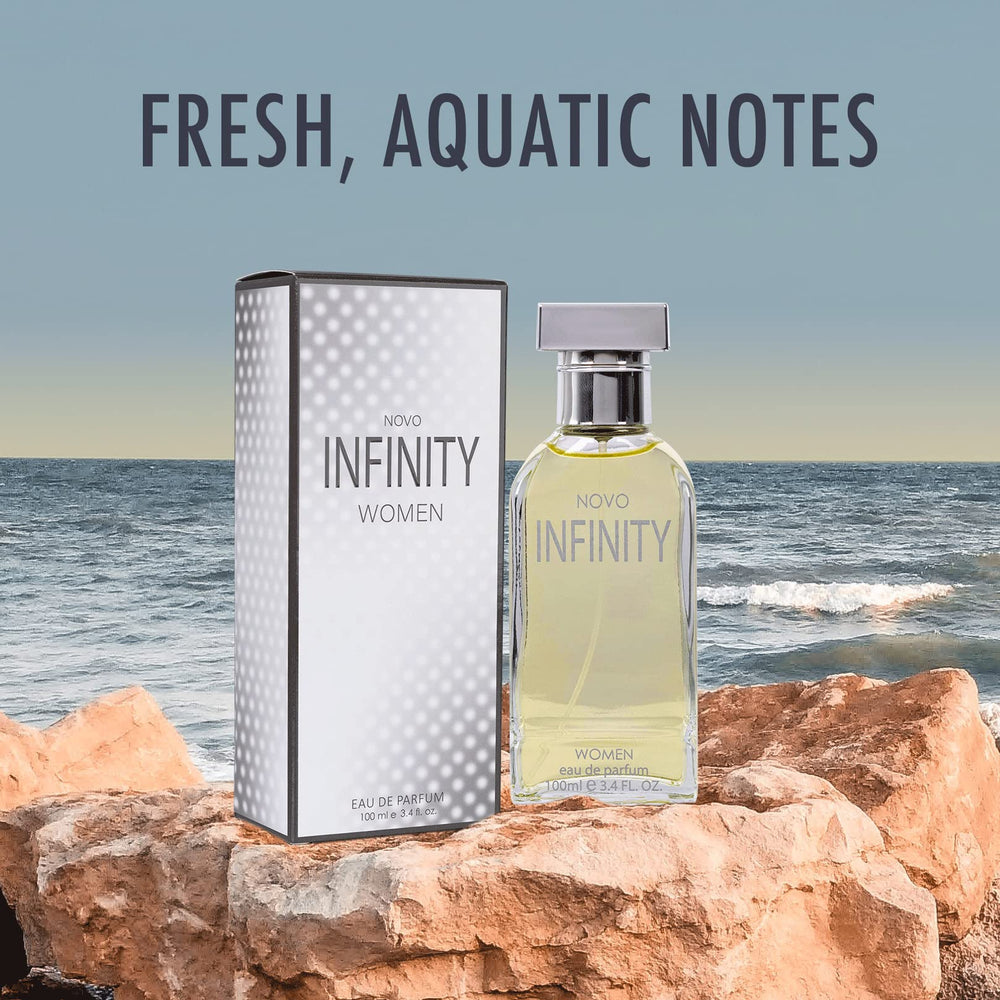 Label close-up on NovoGlow Infinity bottle showcases its elegant design