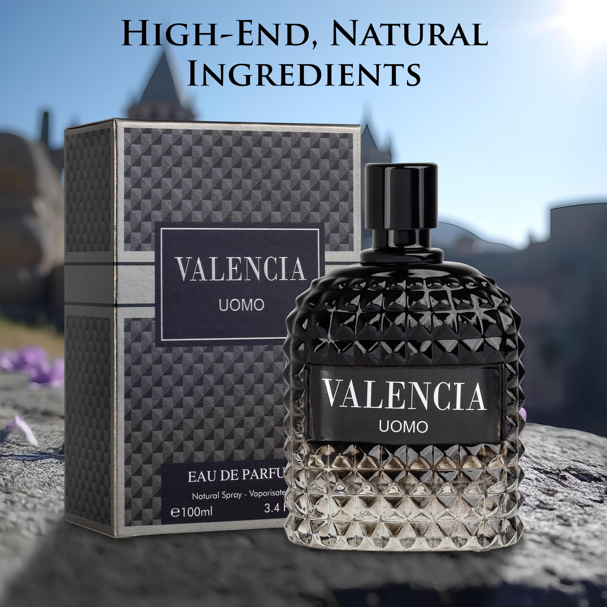 NovoGlow Valencia UOMO bottle shows ginger and sage notes for a fresh, confident aura.