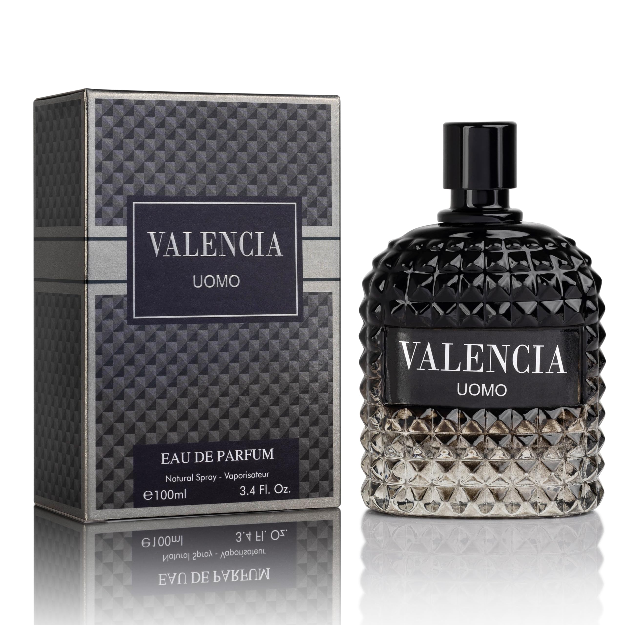 NovoGlow Valencia UOMO bottle top view highlights a modern woody aromatic silhouette for daily wear.