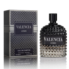 NovoGlow Valencia UOMO bottle top view highlights a modern woody aromatic silhouette for daily wear.