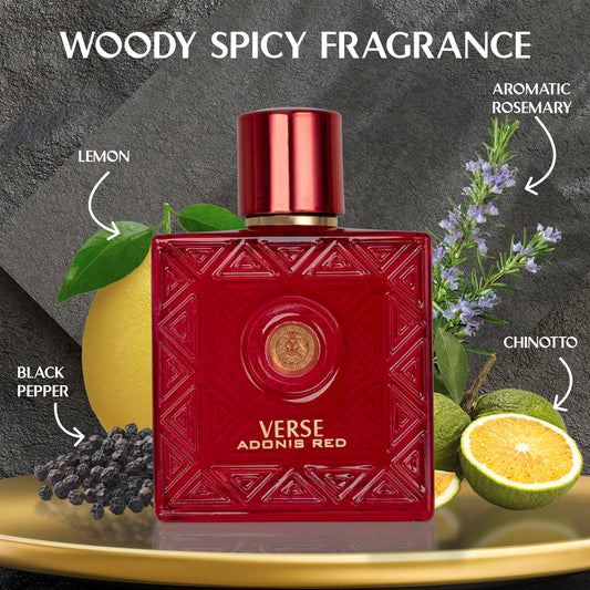 NovoGlow Verse Adonis Red bottle side view highlights bold masculine aroma