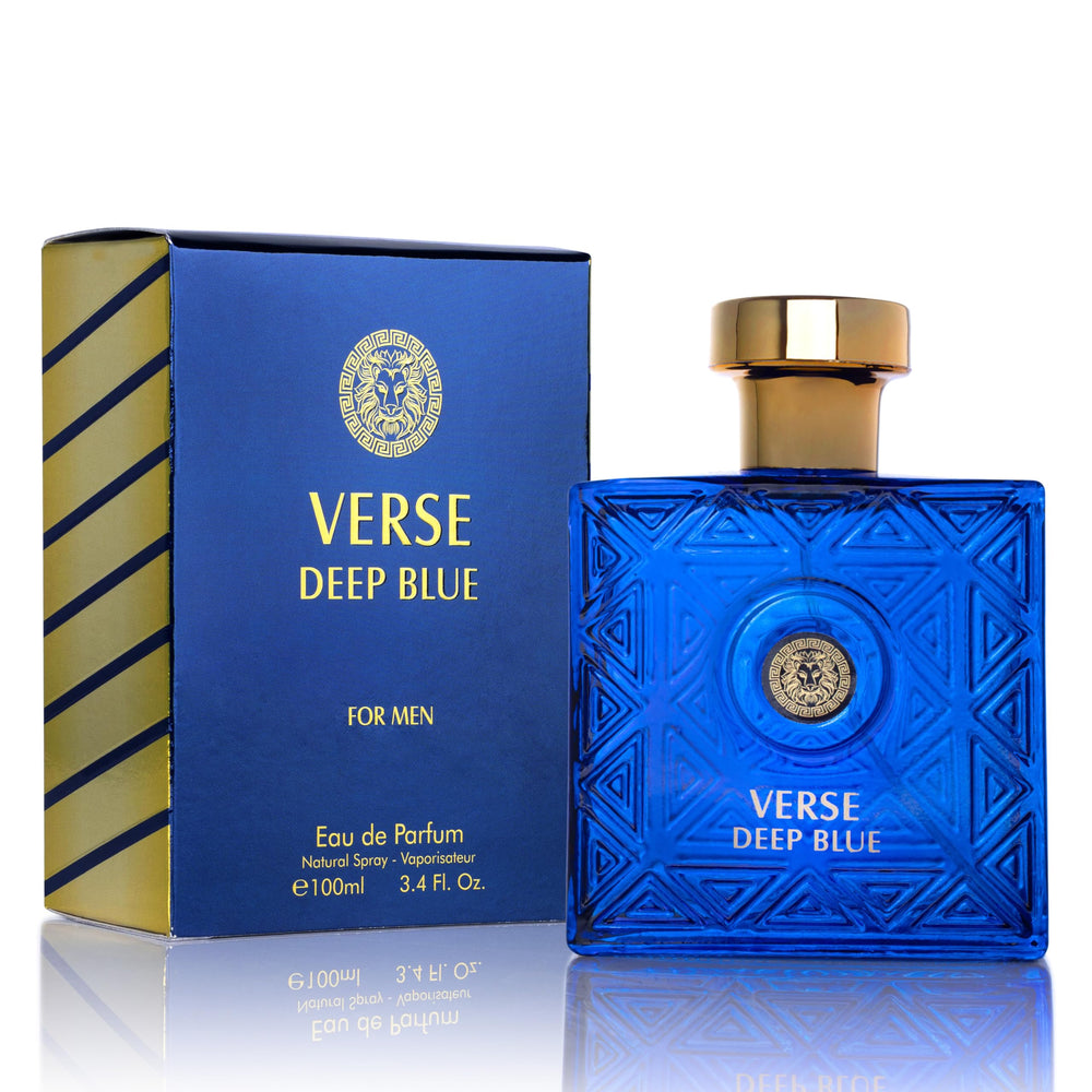 NovoGlow Verse Deep Blue bottle front view highlights elegant masculine scent and confident daytime wear.