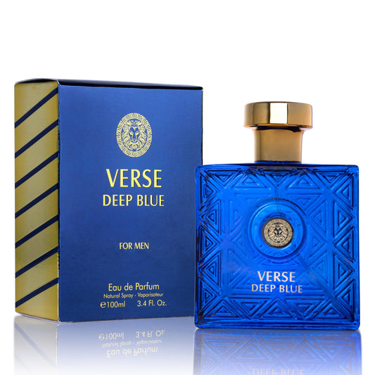 NovoGlow Verse Deep Blue bottle front view highlights elegant masculine scent and confident daytime wear.
