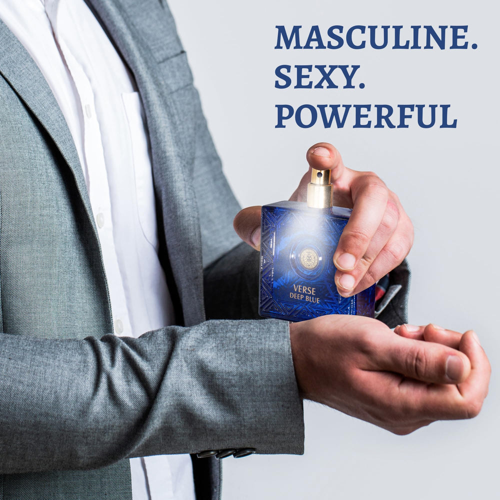 NovoGlow Verse Deep Blue label detail emphasizes Mediterranean freshness notes.