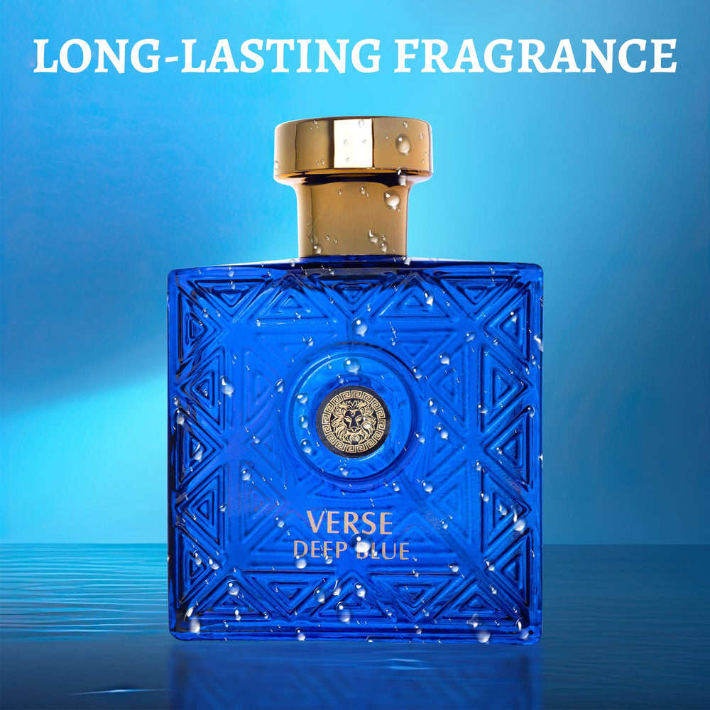 NovoGlow Verse Deep Blue close-up against wood background conveys premium fragrance.