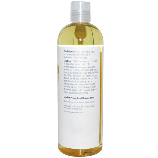 NOW Foods Almond Oil 16 oz bottle closeup highlights nourishing formula for skin and hair