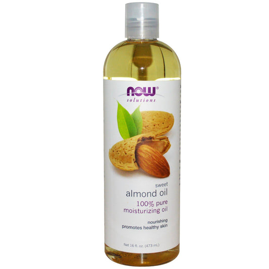 NOW Foods Almond Oil 16 oz bottle pour shows natural moisturizing oil for skin and hair