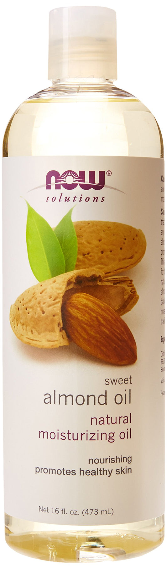 Now Foods almond oil bottle, 16oz, for skin hydration and light massage.