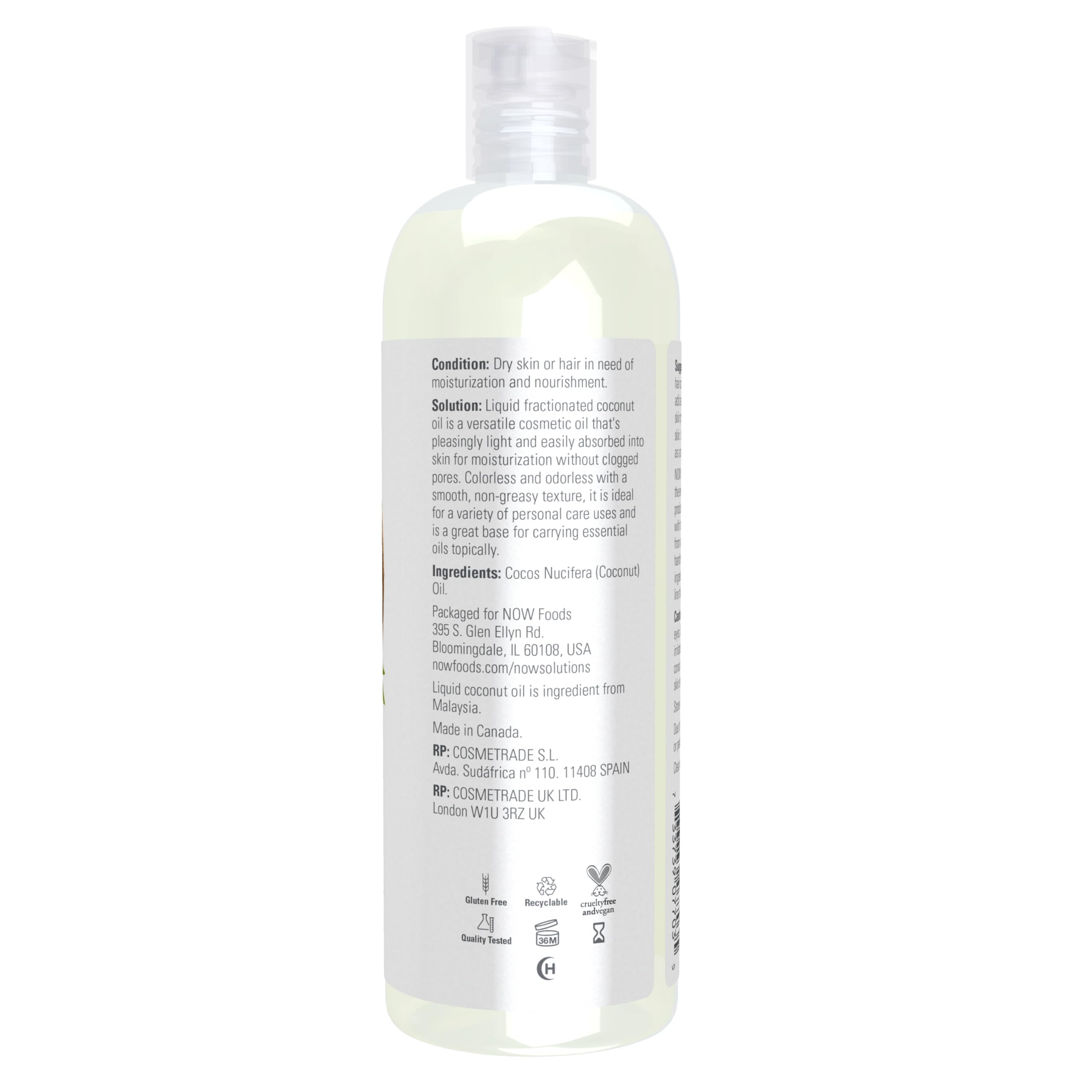 NOW Foods Liquid Coconut Oil helps dry skin with quick absorption and hydration.