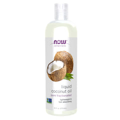 NOW Foods Liquid Coconut Oil shows a light, non-greasy texture for daily moisturization.