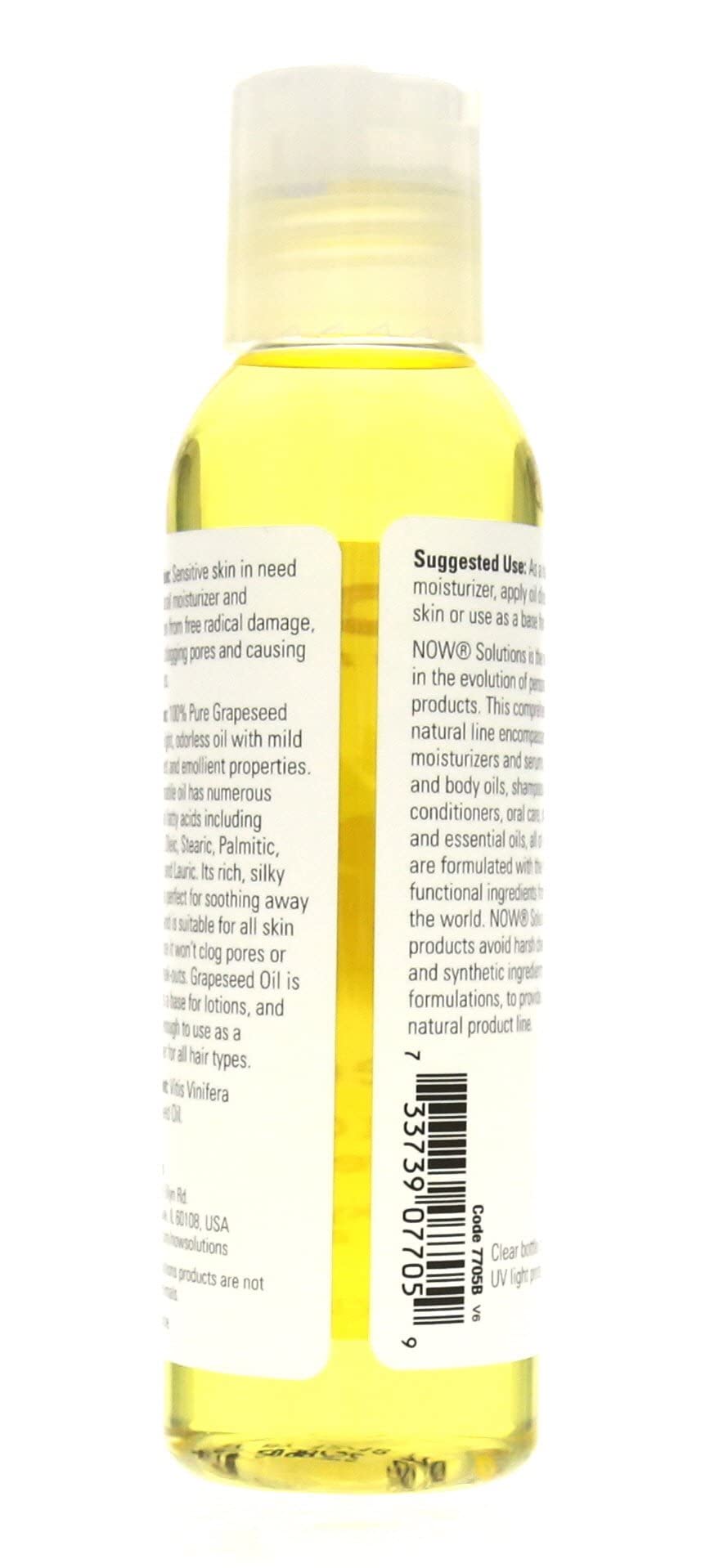NOW Grape Seed Oil ingredient panel highlights pure grapeseed oil.
