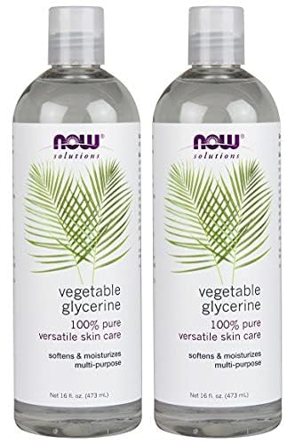 NOW Solutions Vegetable Glycerine bottle label highlights hypoallergenic, water-soluble formula
