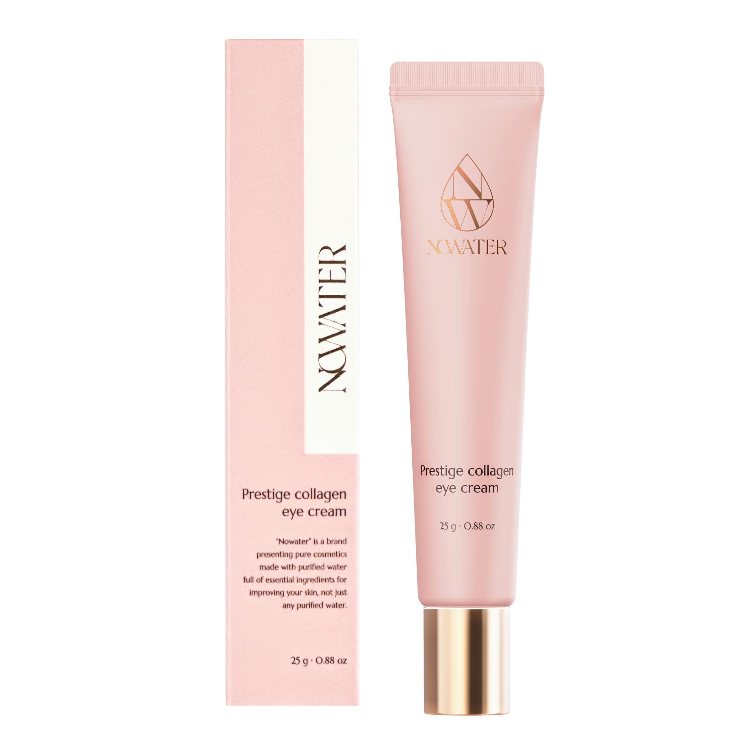 NOWATER Collagen Eye Cream bottle closeup for hydrating application and quick under-eye refresh.