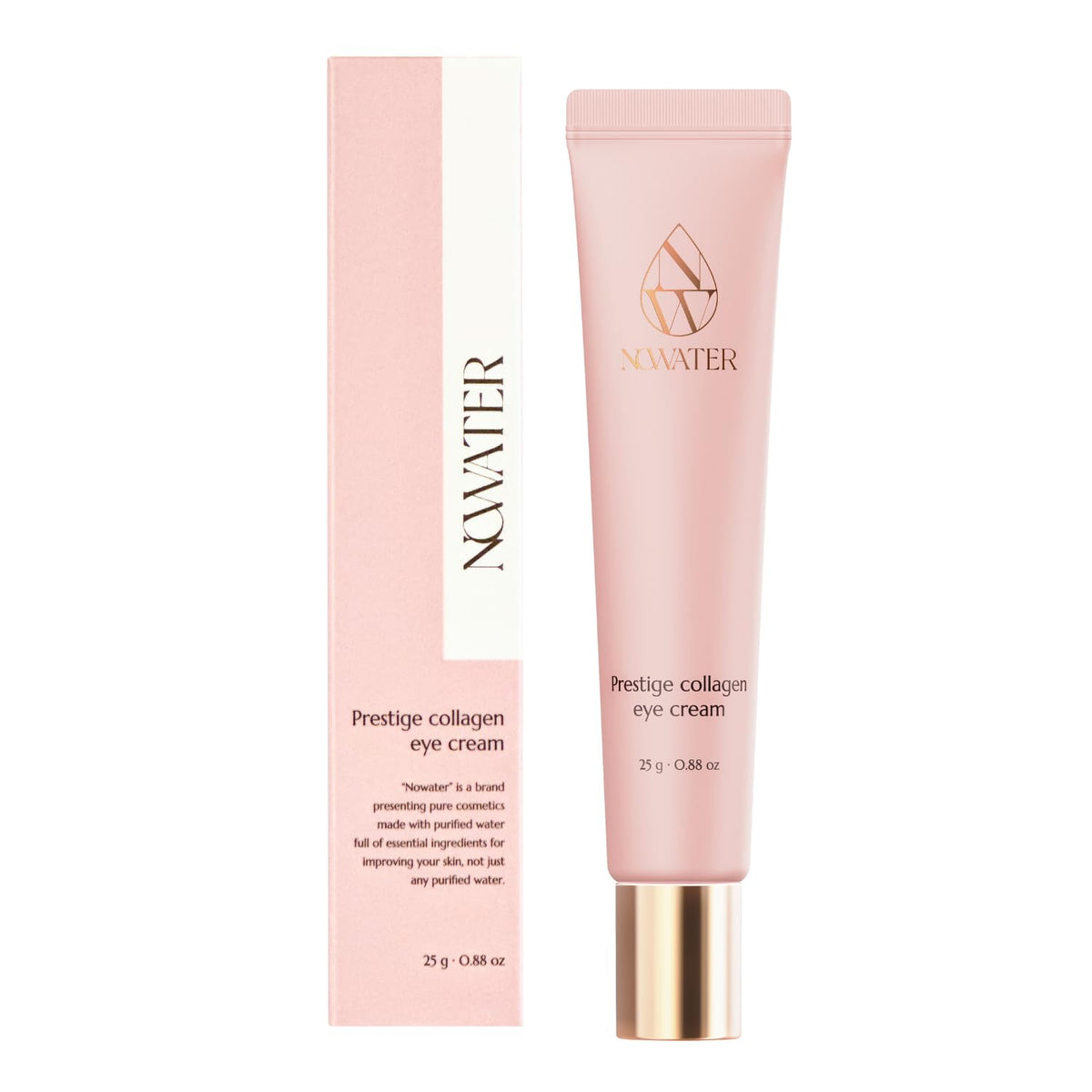 NOWATER Collagen Eye Cream bottle closeup for hydrating application and quick under-eye refresh.