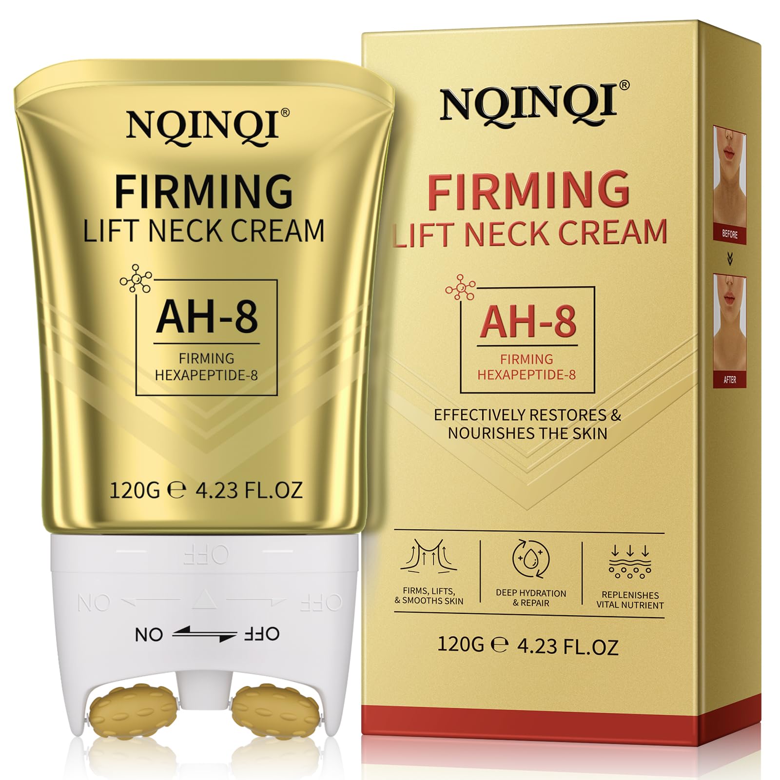 NQINQI AH-8 neck-roller bottle showcasing the firming formula for the neckline.