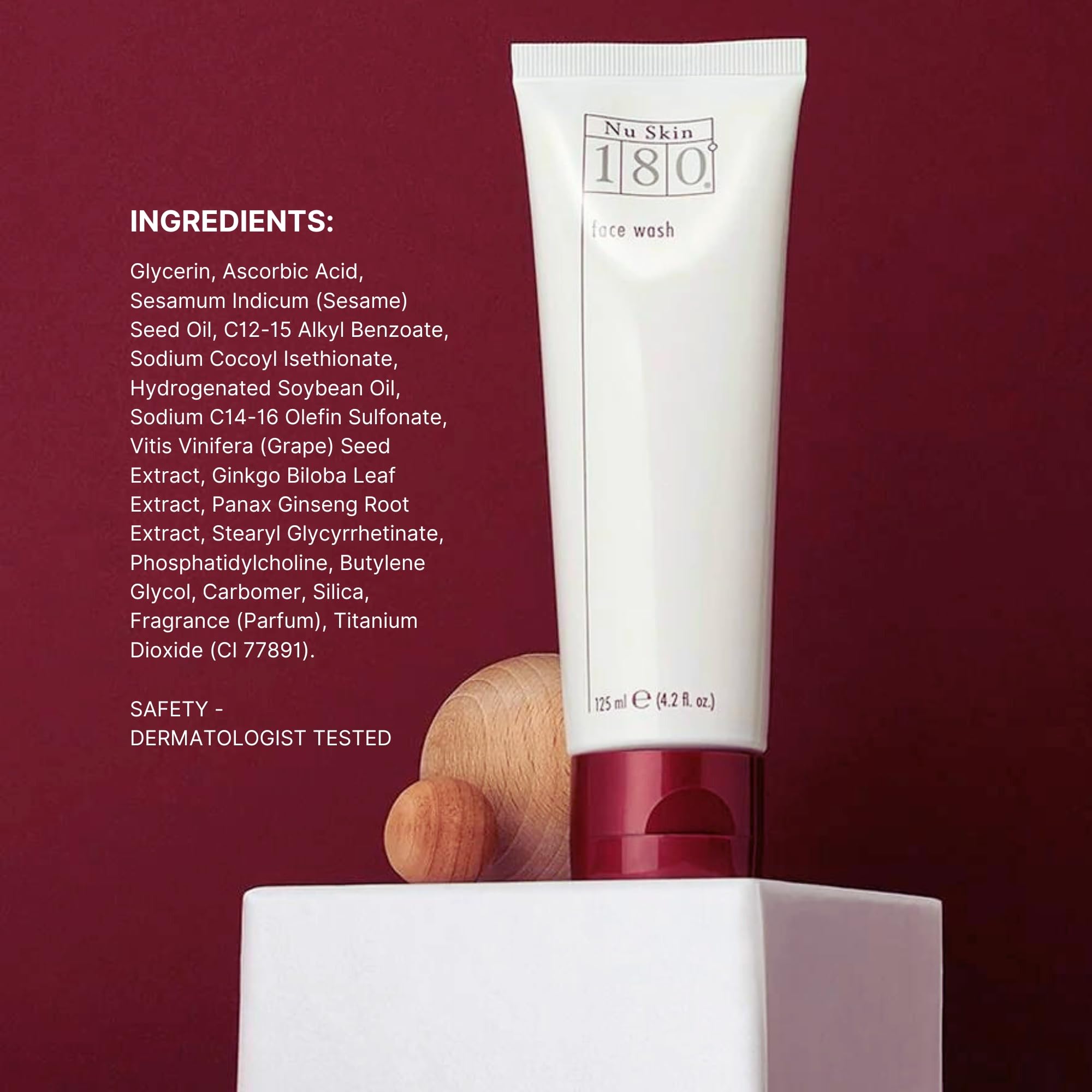 Nu Skin 180° Face Wash antioxidant blend close-up highlighting ginkgo and ginseng antioxidants.