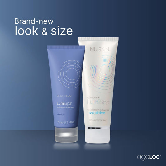 Nu Skin ageLOC LumiSpa Treatment Cleanser shown with device compatibility for gentle daily cleansing