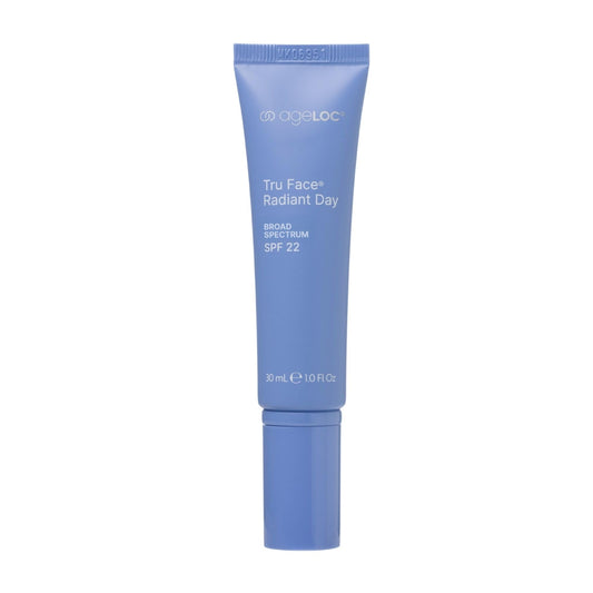 Nu Skin ageLOC Tru Face Radiant Day bottle demonstrates lightweight SPF 22 daily moisturizer