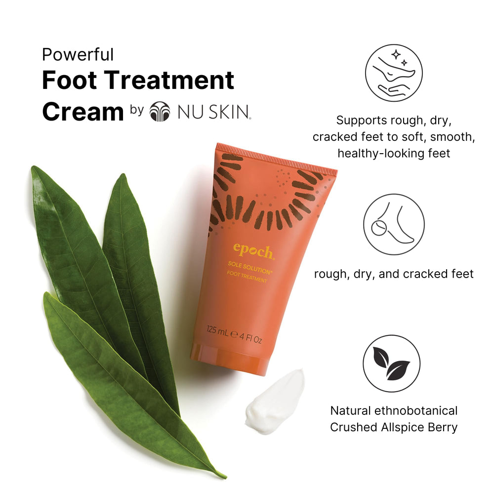 Nu Skin Epoch Sole Solution applying cream to tired feet for daily care.