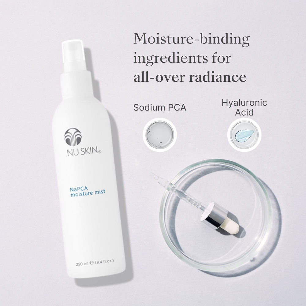 Nu Skin NaPCA Moisture Mist face application demonstrates lightweight absorption.