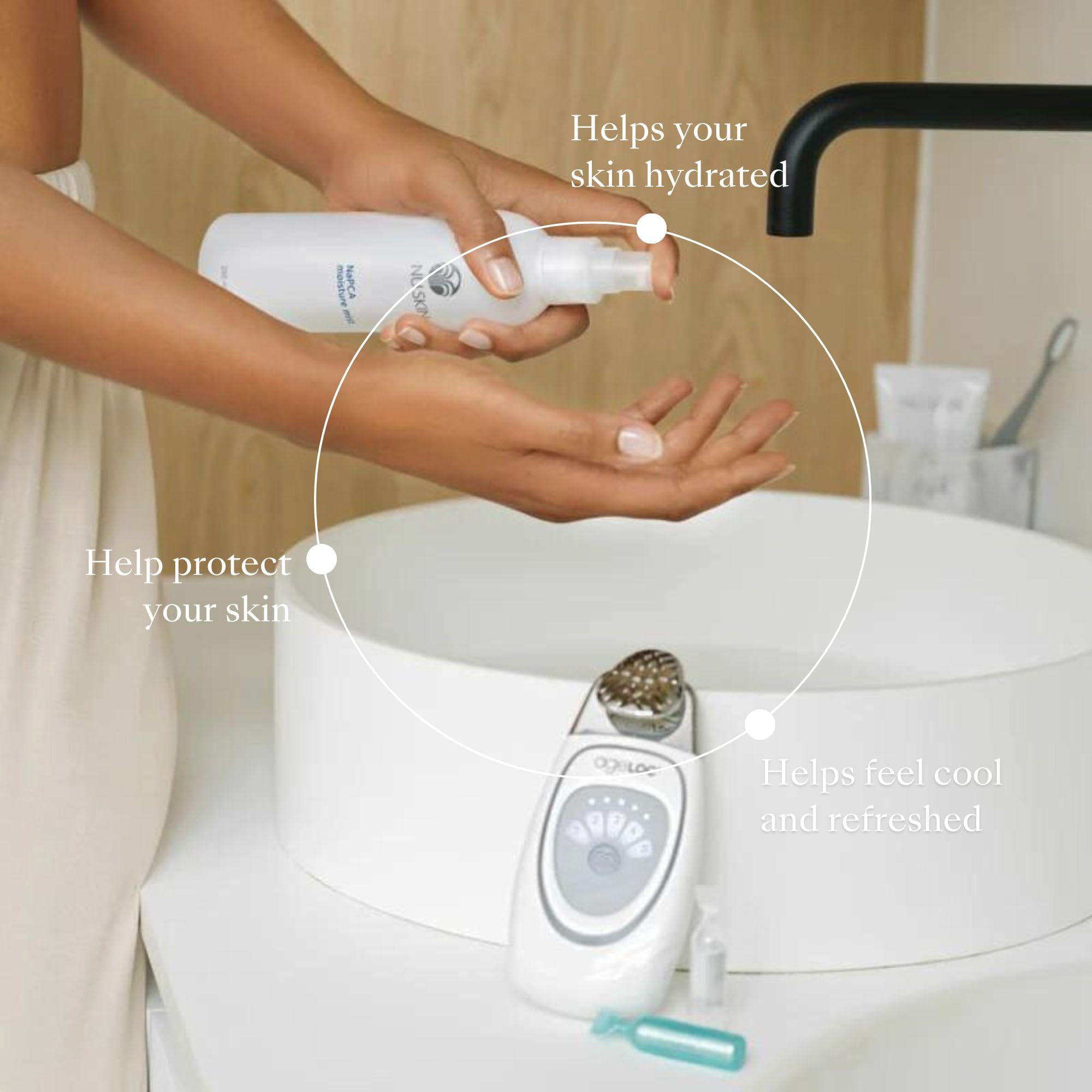 Nu Skin NaPCA Moisture Mist close-up shows sodium PCA and hyaluronic acid ingredients.