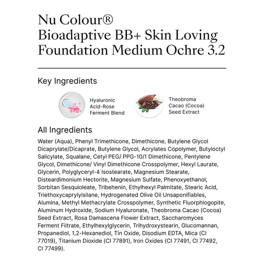 Nu Skin Nu Colour Bioadaptive BB+ Foundation in Medium Ochre 3.2 — swirled texture on skin for natural glow.