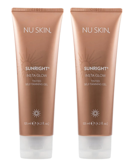 Nu Skin Sunright Insta Glow Self Tanner Gel bottle pour showing quick, even application for natural tan