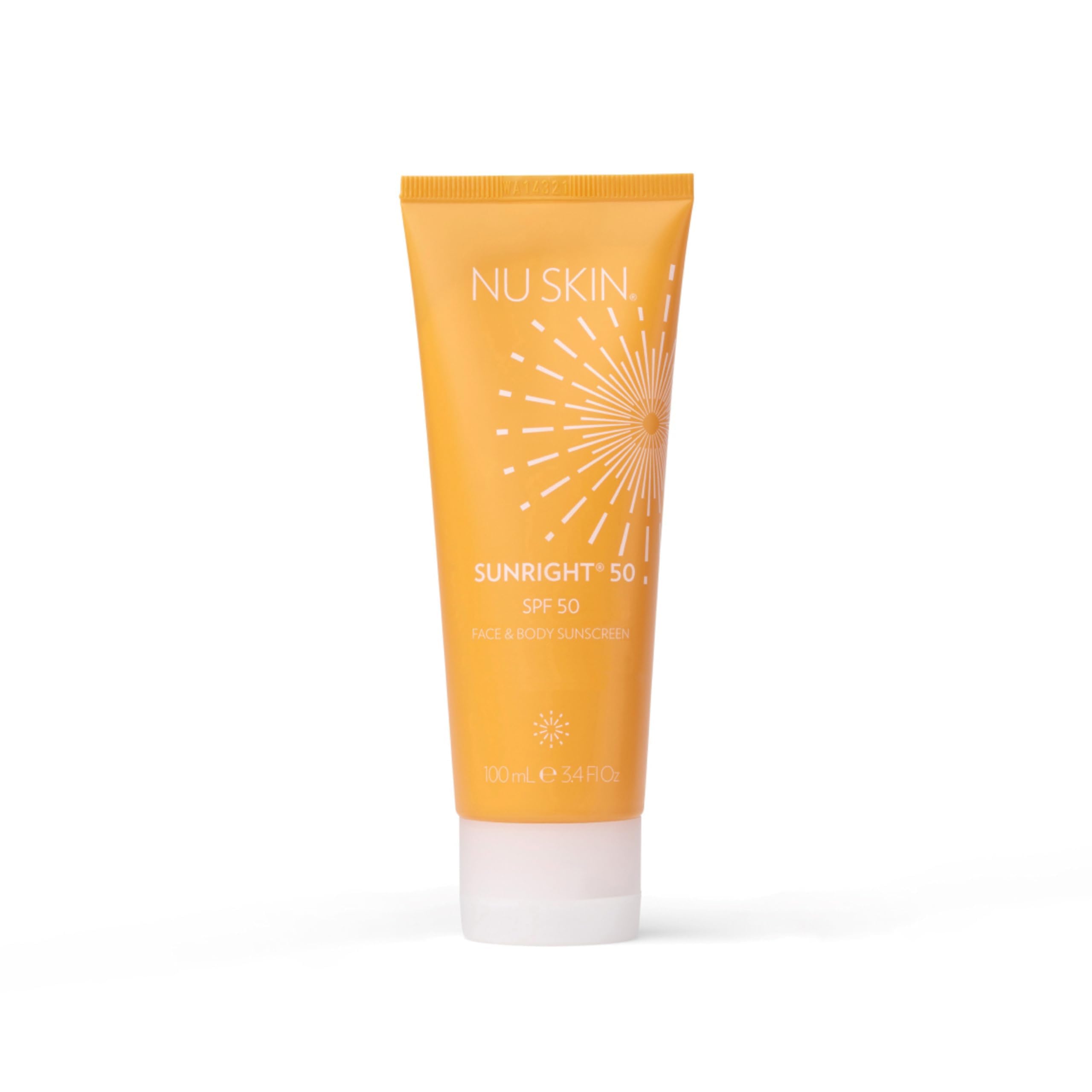 Nu Skin Sunright SPF 50 face bottle close-up showing broad-spectrum protection