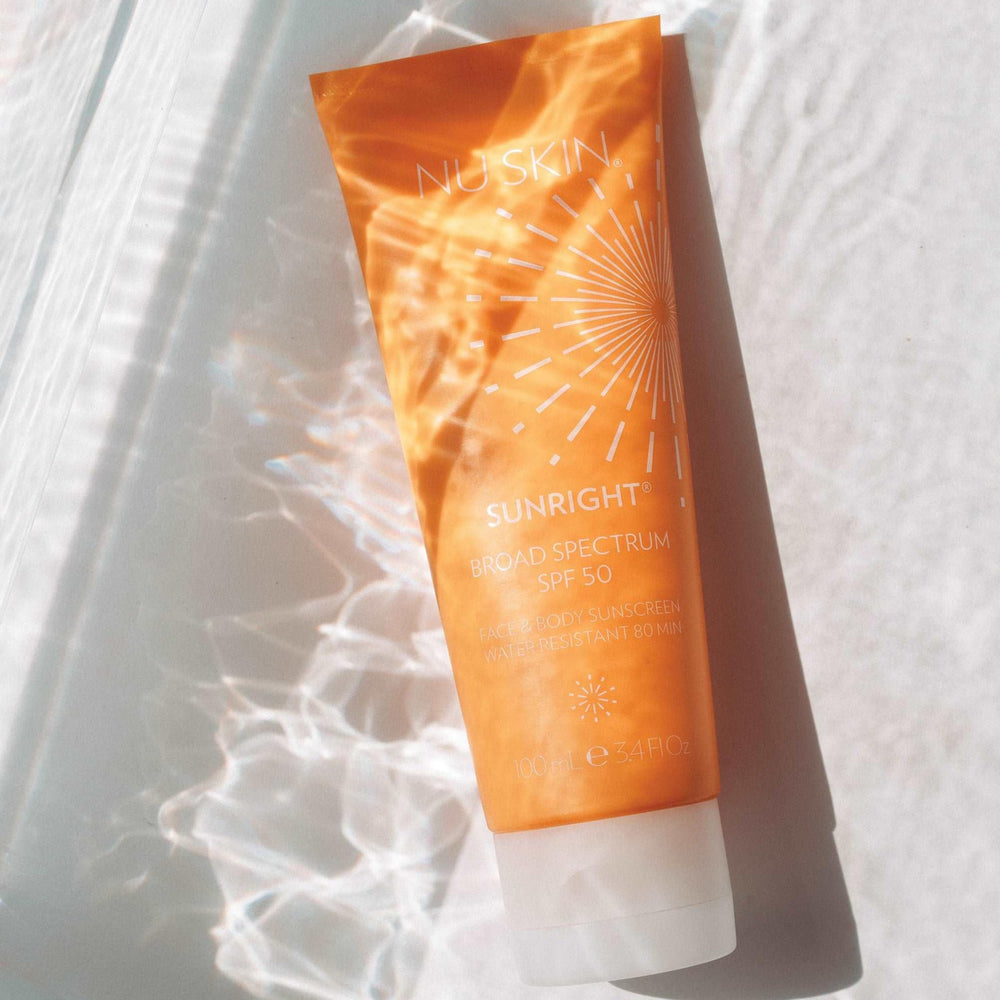 Nu Skin Sunright SPF 50 label indicating water resistance for outdoor activities