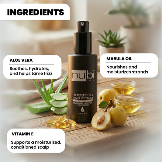 Close-up of Nubi Hair Marula Oil drops for frizz control and subtle shine.