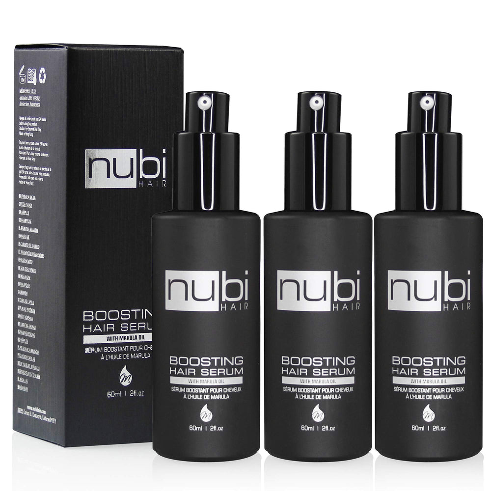 Nubi Hair Silky Smooth Serum bottle shows a non-greasy formula for all hair types.