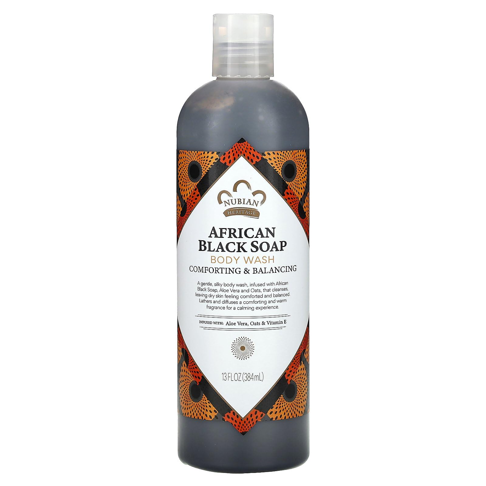 Nubian Heritage African Black Soap Body Wash bottle pour for gentle daily cleansing.