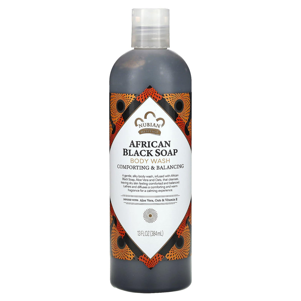 Nubian Heritage African Black Soap Body Wash bottle pour for gentle daily cleansing.