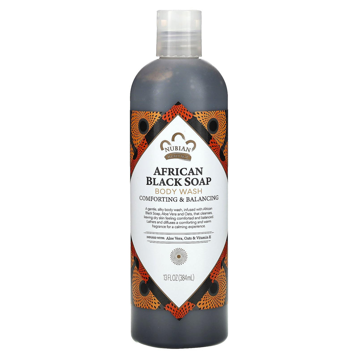 Nubian Heritage African Black Soap Body Wash bottle pour for gentle daily cleansing.