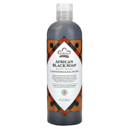 Nubian Heritage African Black Soap Body Wash bottle pour for gentle daily cleansing.