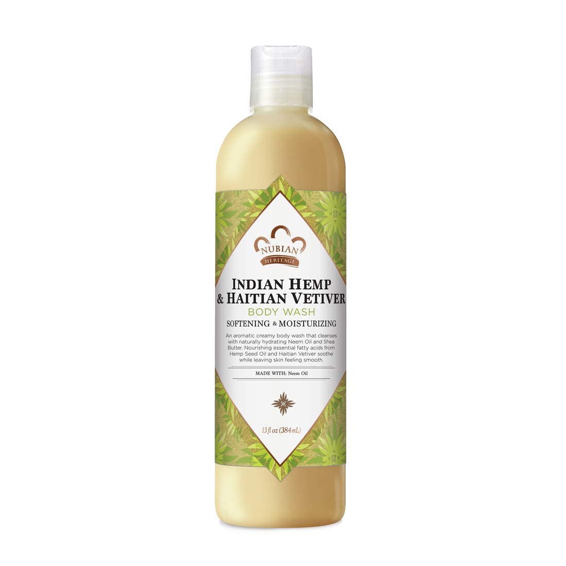 Nubian Heritage body wash bottle with Indian Hemp and Haitian Vetiver for a balanced cleanse.