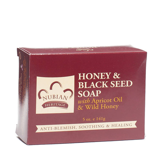 Nubian Heritage Honey & Black Seed bar soap displayed, delivering gentle exfoliation for refreshed skin.