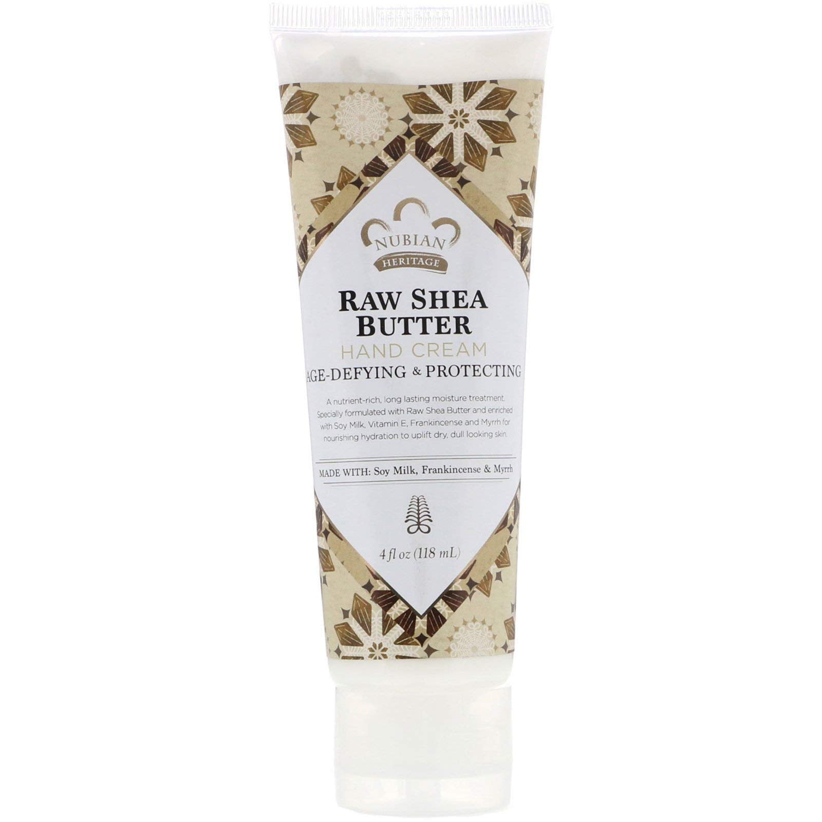 Nubian Heritage Raw Shea Hand Cream bottle provides rich hydration for dry hands.
