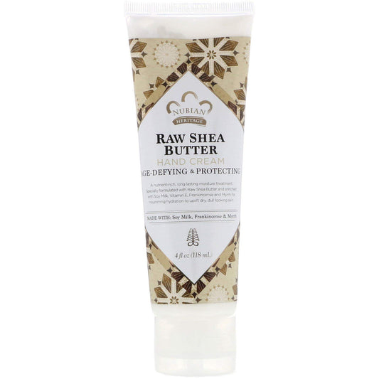 Nubian Heritage Raw Shea Hand Cream bottle provides rich hydration for dry hands.